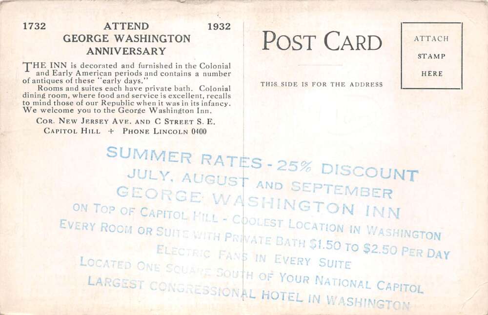 Washington DC George Washington Inn Summer Discount Ad Postcard AA109820 - Image 2