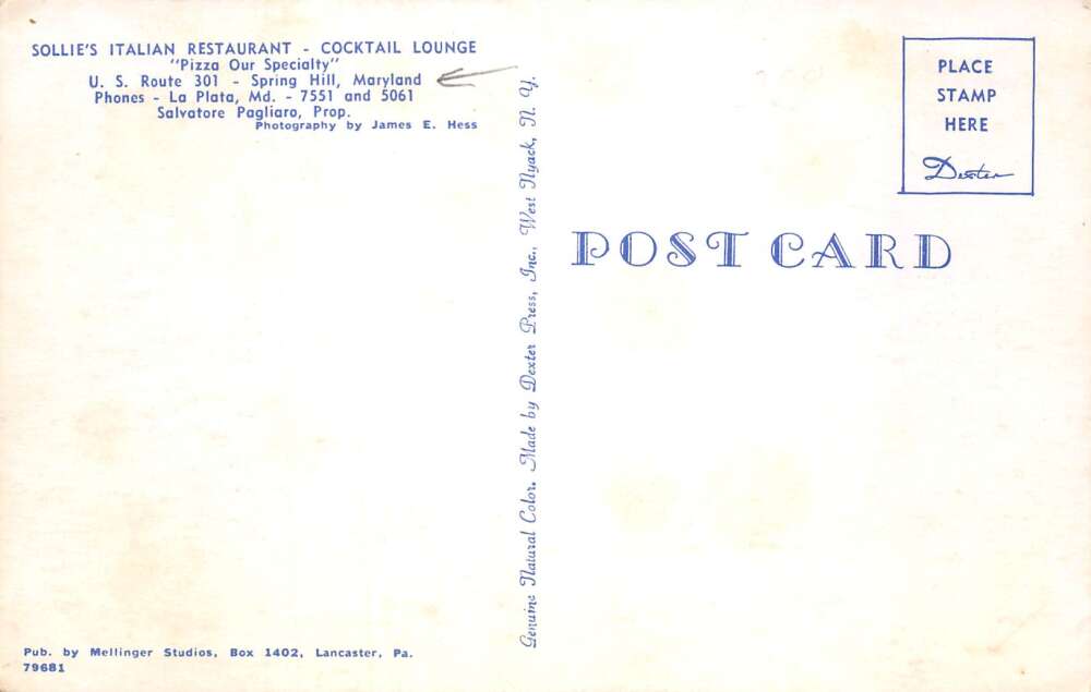 Spring Hill Maryland Sollie's Italian Restaurant Vintage Postcard AA109896 - Image 2