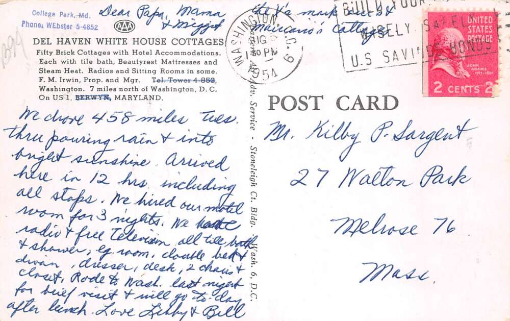 Berwyn Maryland Del Haven White House Cottages Vintage Postcard AA109934 - Image 2