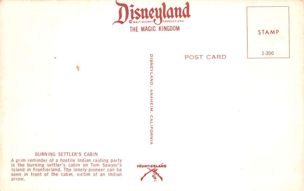 Disneyland Frontierland Burning Settlers Cabin Vintage Postcard AA110036 - Image 2