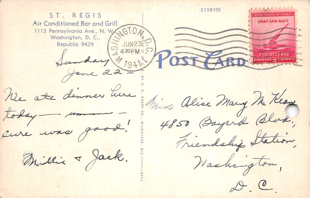 Washington DC St Regis Bar and Grill Restaurant Vintage Postcard AA110703 - Image 2