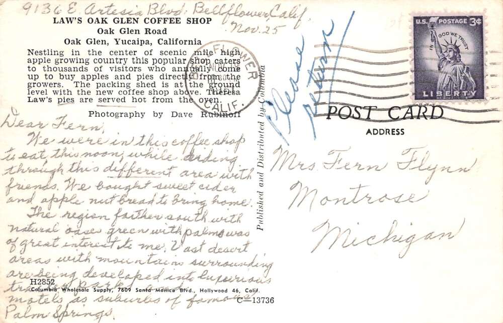 Yucaipa California Oak Glen Coffee Shop Vintage Postcard AA110767 - Image 2