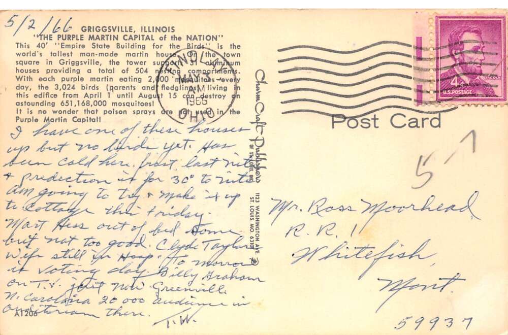 Griggsville Illinois Worlds Tallest Purple Martin Bird House Postcard AA111018 - Image 2