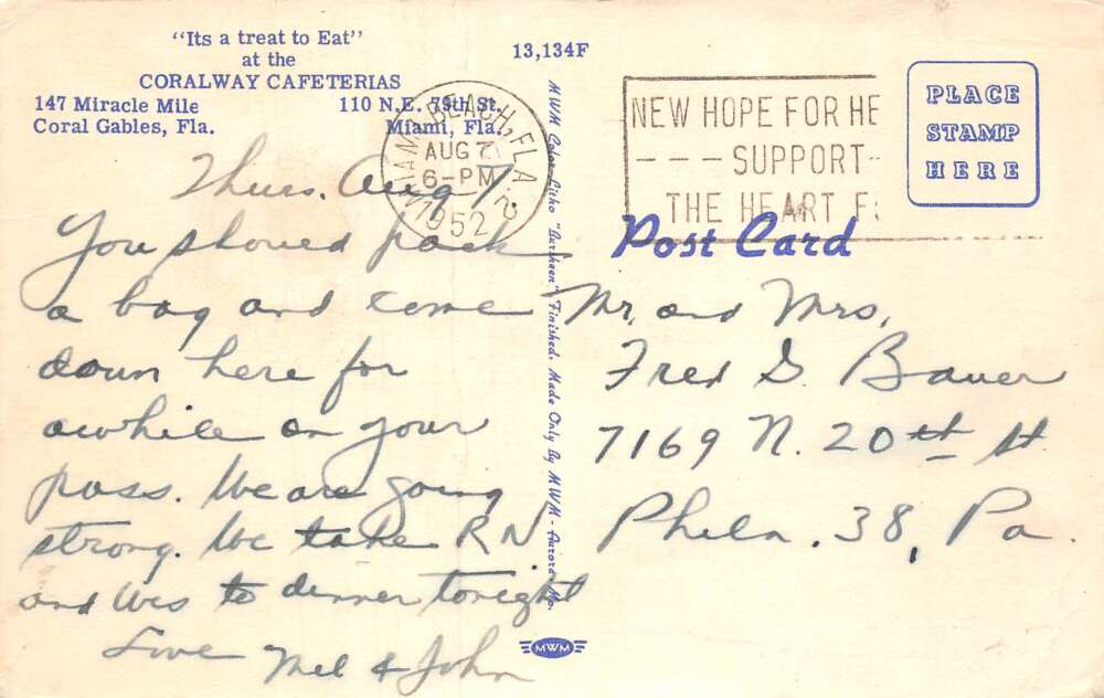 Miami Florida Coralway Cafeteria Dining Room Vintage Postcard AA111363 - Image 2