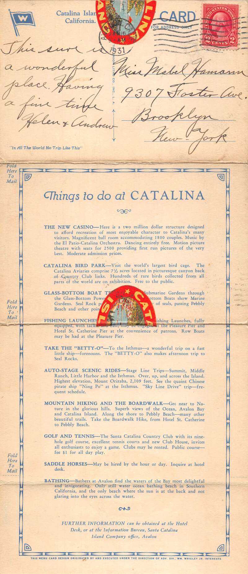 Catalina Island California Hotel St Catherine Luncheon Menu Fold Out PC AA111501 - Image 2