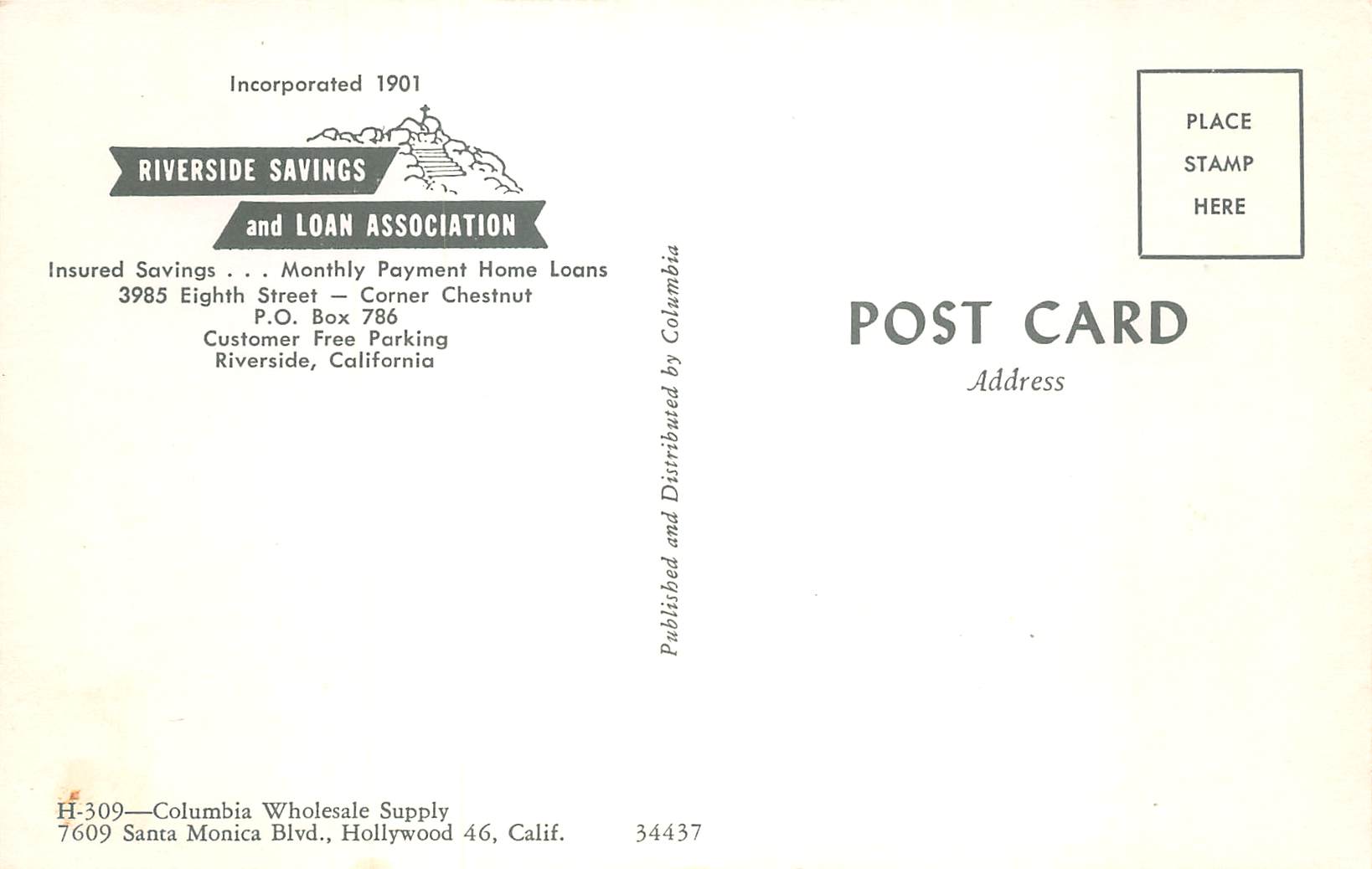 Riverside California Riverside Savings & Loan Association, Vintage PC U26775 - Image 2