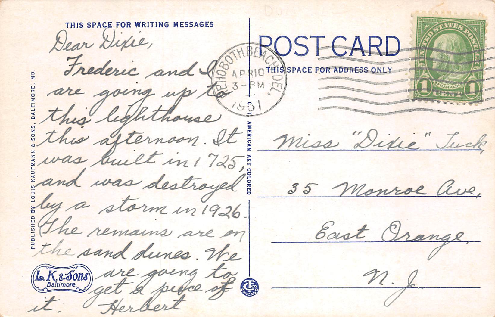 Cape Henlopen Delaware Sand Dune & Lighthouse, White Border, PC U26780 - Image 2