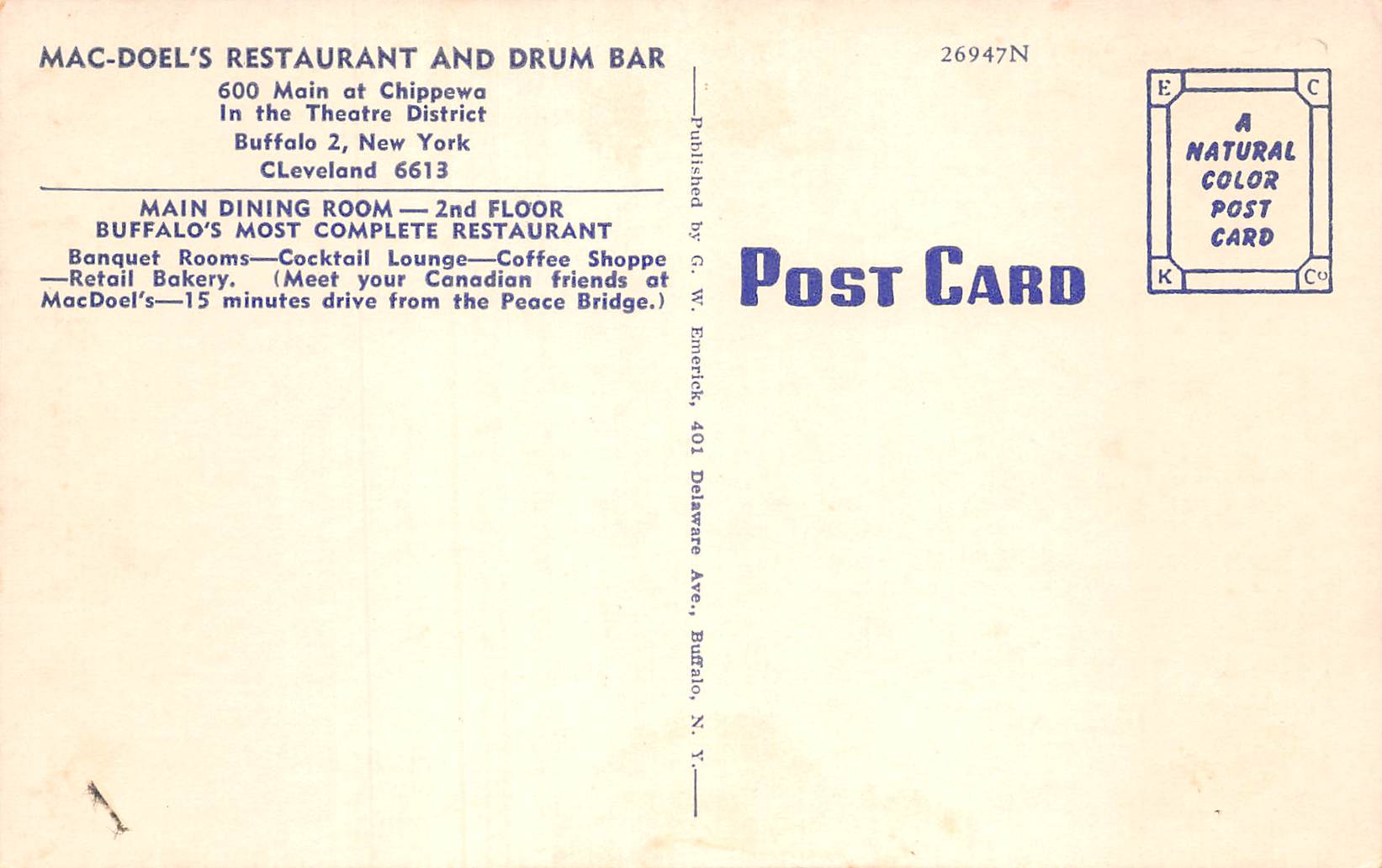Buffalo New York Mac-Doel's Restaurant & Drum Bar, Vintage Postcard U26785 - Image 2