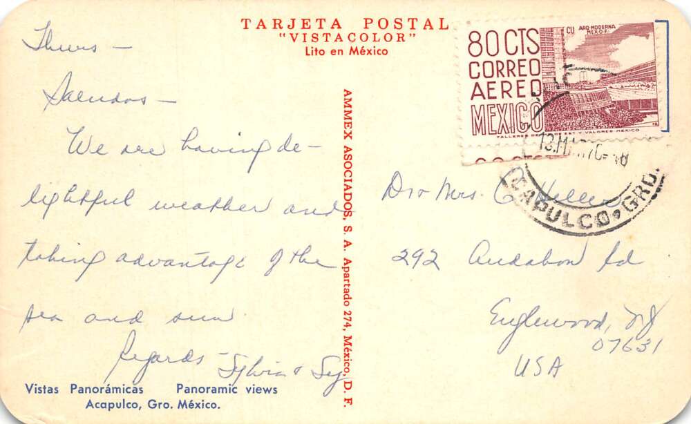 Acapulo Mexico Greetings Aerial View and Panoramic View Postcard AA112293 - Image 2