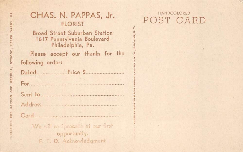 Philadelphia Pennsylvania Pappas Jr Florist Hand Colored Postcard AA112452 - Image 2