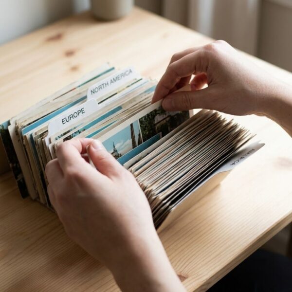 going through postcards sorted in a box