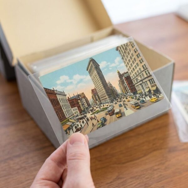 holding a vintage postcard in a protective sleeve