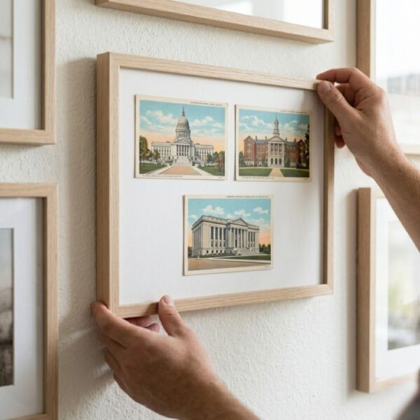 hanging a frame with vintage postcards on the wall