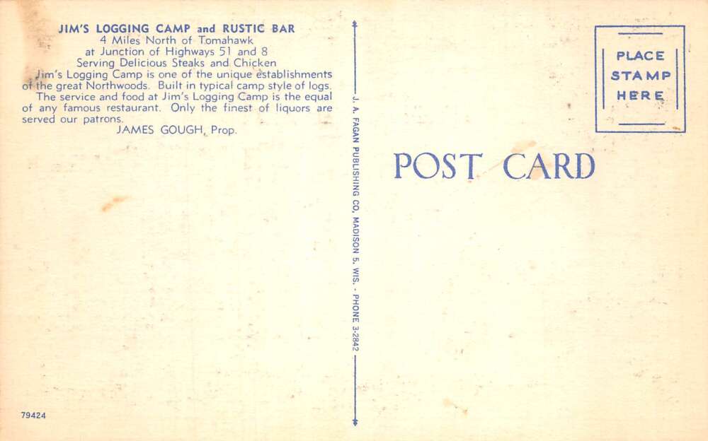 Tomahawk Wisconsin Jims Logging Camp and Rustic Bar Vintage Postcard AA112508 - Image 2