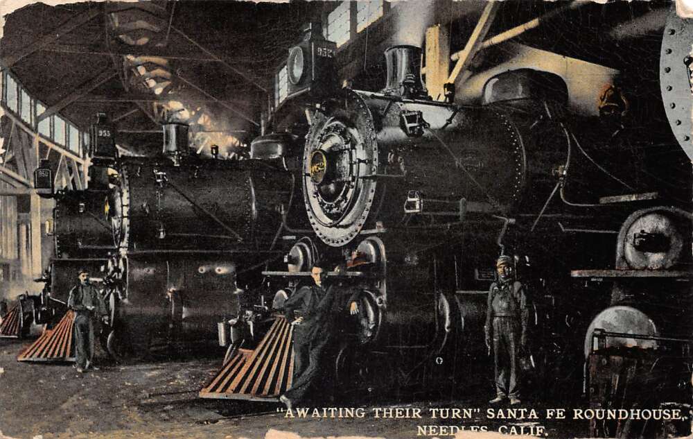 Needles California Trains In Santa Fe roundhouse, Color Lithograph, PC U26989